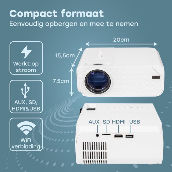 Audyn Beamer - Full HD 1080P - Mini Beamer portable - Projecteur sans fil - Wifi et Bluetooth - Beamers - Hdmi, Usb et Aux - Blanc