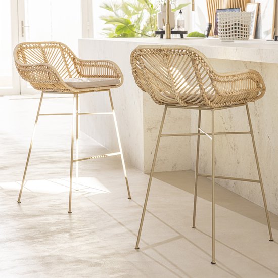 Nunuhai - Lot de 2 tabourets de bar en rotin avec pieds beiges, hauteur 68 cm