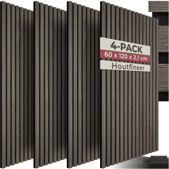 tectake® Acoustic Panels - Lot de 4 - Panneau mural acoustique - 60 x 120 cm - 2,88 m² - Panneaux muraux à taille réglable - Mur à lattes en MDF et placage bois - Isolation acoustique - Décoration murale élégante - Installation facile - Gris chêne