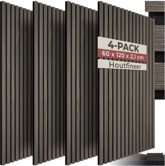 tectake® Acoustic Panels - Lot de 4 - Panneau mural acoustique - 60 x 120 cm - 2,88 m² - Panneaux muraux à taille réglable - Mur à lattes en MDF et placage bois - Isolation acoustique - Décoration murale élégante - Installation facile - Gris chêne