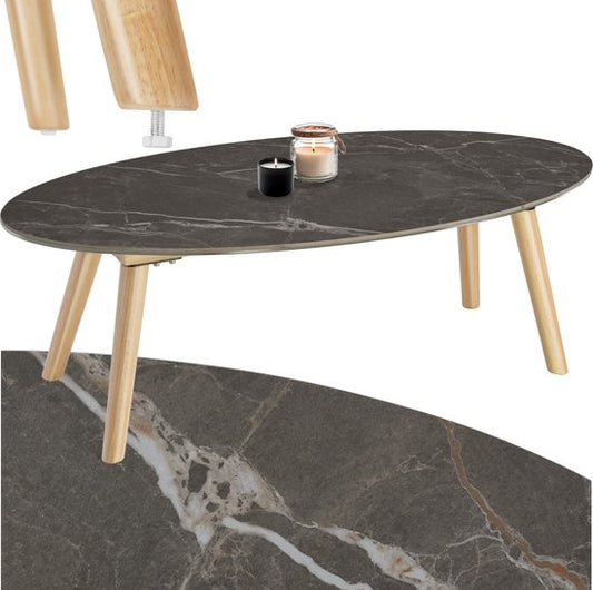 tectake® Coffee Table | Living Room Table, Oval Coffee Table with Wooden Legs | Marble Look | Weatherproof Side Table for Living Room, Terrace, Garden or Balcony - natural