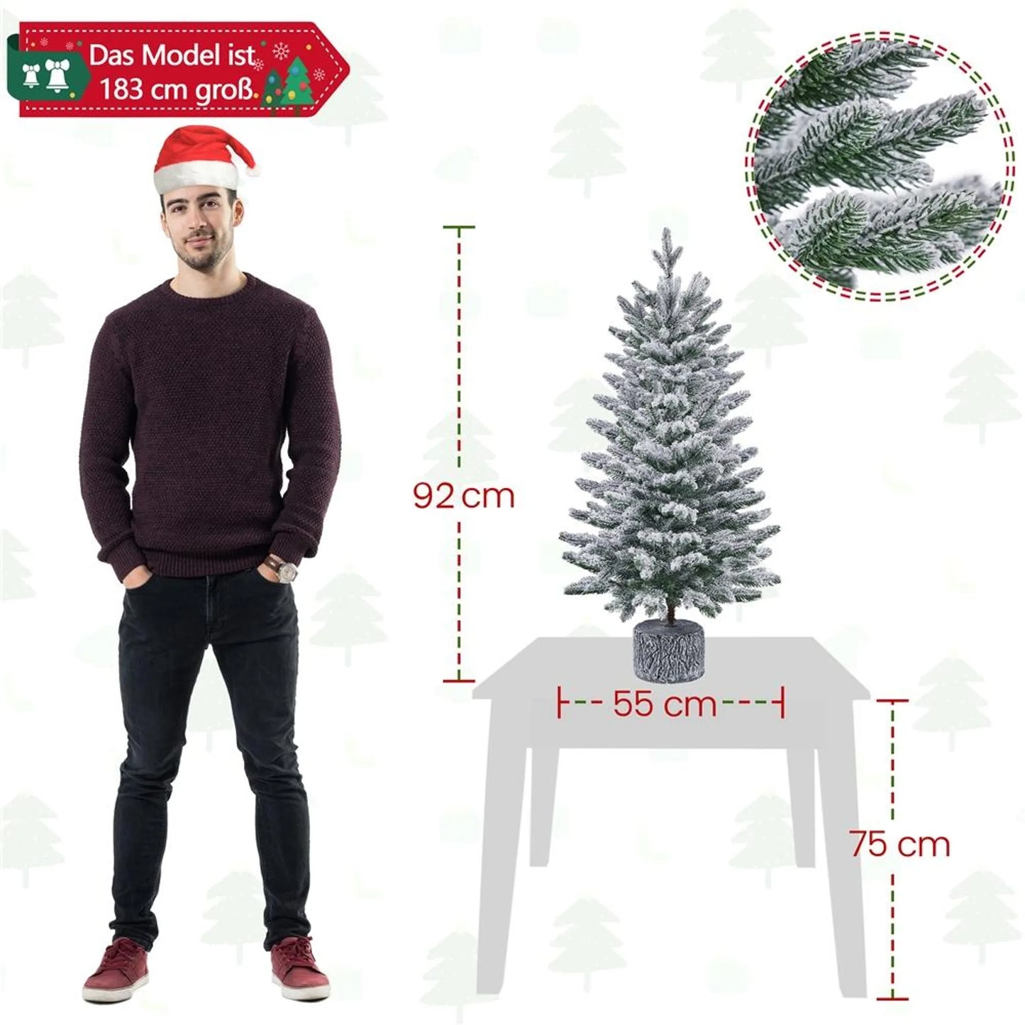Yaheetech Sapin de Noël de table avec neige et lumières - Φ55 x 92 cm - Avec 355 branches et 50 lumières LED et un tronc réaliste - Pour rebord de fenêtre et extérieur - PVC vert et métal