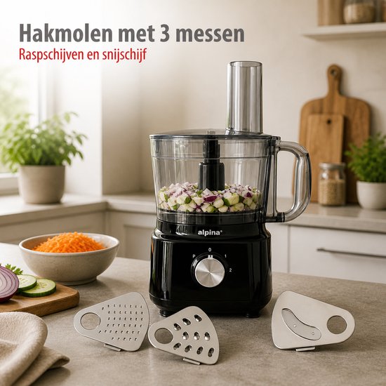 Robot ménager 3-en-1 Alpina : robot de cuisine, mixeur et machine à smoothies - Robot ménager multifonction - Coupe-légumes - Hachoir - 2 L - Sans BPA - Lavable au lave-vaisselle - FP413GS - Noir