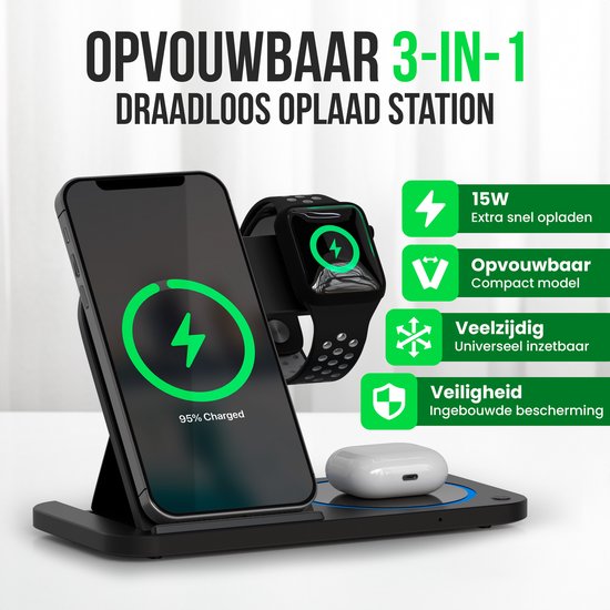 Strex 3-in-1 Wireless Charger - Station de charge - Chargement rapide 15W - Pliable - Convient pour iOS & Android, Apple Watch, AirPods et écouteurs sans fil - Noir
