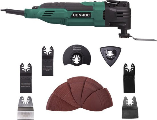 VONROC Outil multifonction oscillant - 300W - système de changement rapide, vitesse variable - 61 accessoires inclus