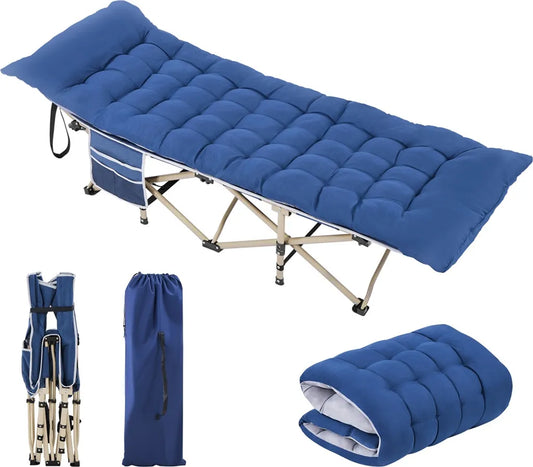 Yaheetech Camping Bed with Mattress 191 × 67 × 56 cm - Blue - Lit de camp pliable avec sac de transport et poche latérale