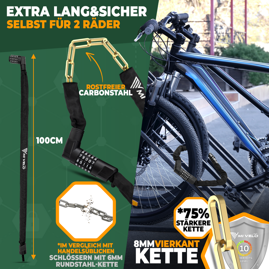 MIVELO Cadenas de chaîne de vélo avec code numérique - 100 cm - Acier au carbone - Résistant à l'eau - Noir