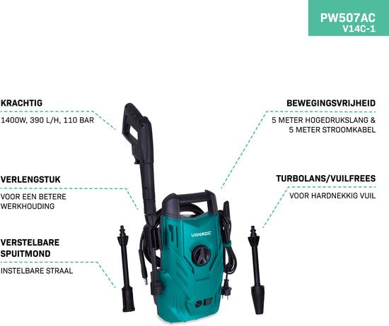 VONROC V14C-1 nettoyeur haute pression - 1400W - 110 bar - 390 l/h - Compact - tuyau de 5m, buses et accessoires inclus