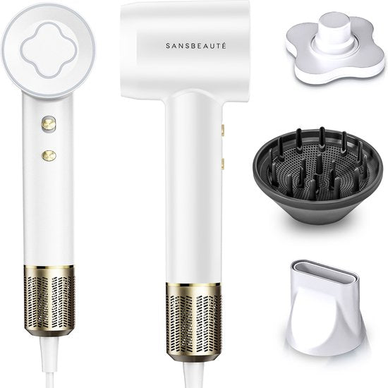 Sansbeauté® Sèche-cheveux avec diffuseur - Boucles - 110 000 tr/min - Sèche-cheveux ionique avec brosse - 3 étapes - 3 accessoires - Sèche-cheveux de voyage - Coolshot - Sèche-cheveux avec diffuseur - Sèche-cheveux - 2000W - EssentiaPRO®.