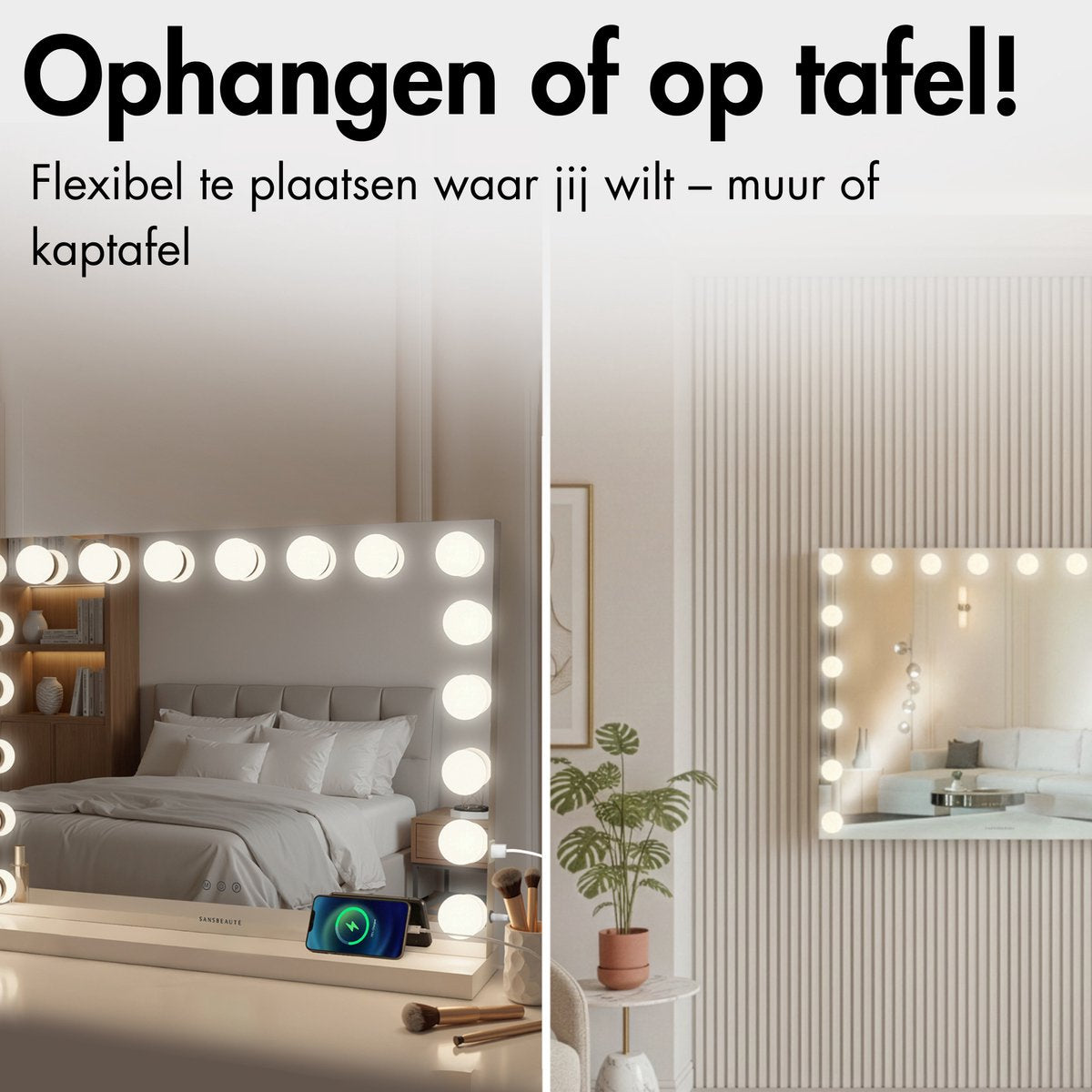 Sansbeauté® Hollywood Mirror 80x60 cm - Miroir de maquillage - 18 lampes LED - grossissement 10x - dimmable - port de charge USB - Touch Control - Bluetooth - Multi