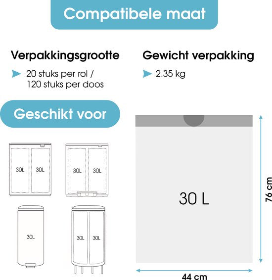 Sacs poubelle Trashure - 30 L - Compatibles avec la poubelle Brabantia Code O - 6 rouleaux de 20 pièces - 30 litres avec fermeture à cordon