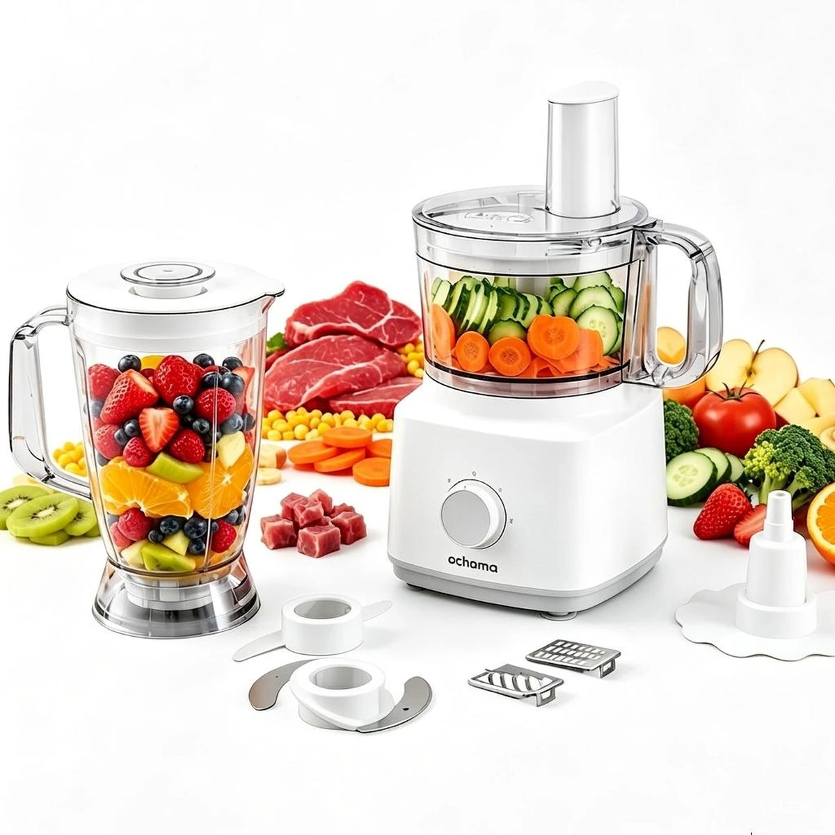 Robot de cuisine Ochama 750 W – 1,8 L – Multifonction – Hachoir, mixeur, hachoir à viande, coupe-légumes et râpe – Lames en acier inoxydable