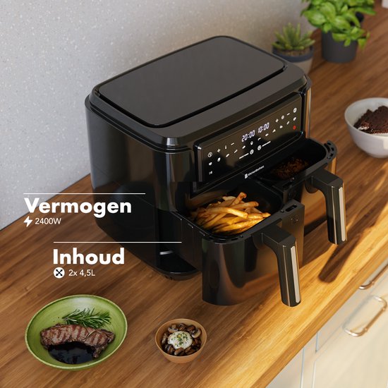 Airfryer XXL Double Zone - KitchenBrothers - 9L - 2400W - Friteuse à air chaud - 50ºC à 200ºC - 10 programmes de cuisson - Noir