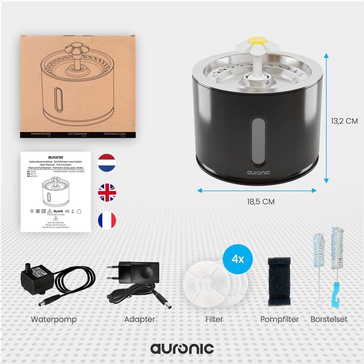 Abreuvoir Auronic - Fontaine à eau pour chats et chiens - 2.4L - Abreuvoir pour animaux - 3 filtres et 2 brosses inclus - Noir