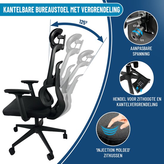 Chaise de bureau ergonomique ArtGlobal® - réglable - soutien lombaire - inclinable à 125°
