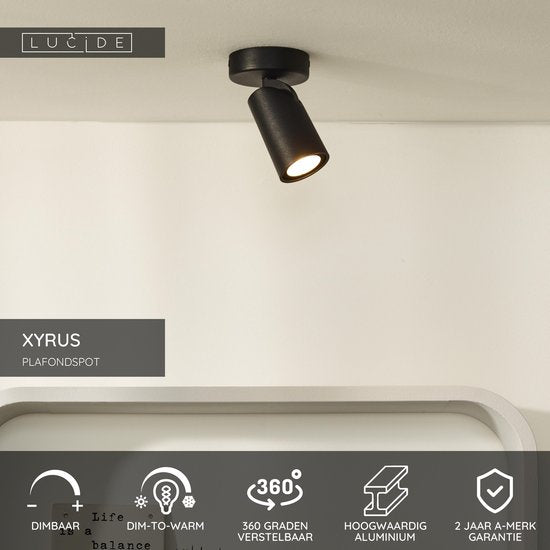 Lucide XYRUS - Spot de plafond (lampe de plafond) - Ø 9 cm - LED à intensité variable vers le chaud - GU10 - 1x5 W 2200 K/3000 K - Noir
