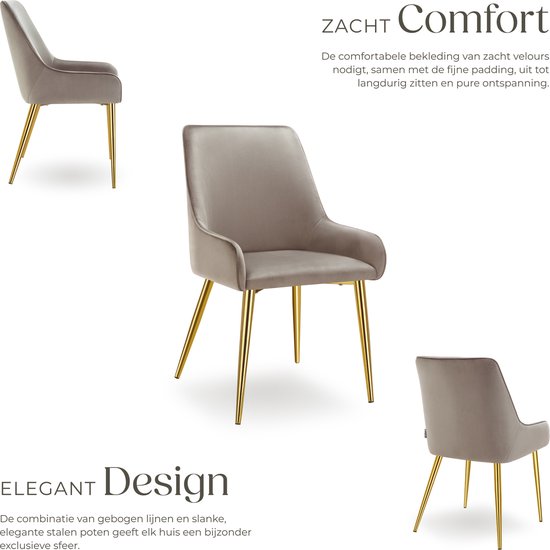 tectake® Chaise de salle à manger Avane - Aspect velours - Chaise ergonomique rembourrée avec pieds en acier doré - Capacité 120 kg - Chaise de salle à manger et de cuisine moderne - Lot de 2 - Taupe