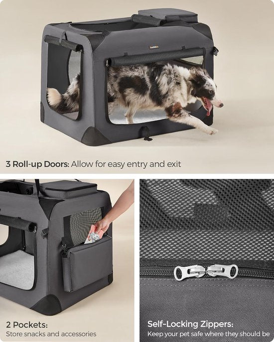 Feandrea – Sac de voyage pliable pour animaux de compagnie PDC90G01 – Grande cage de voyage souple pour chiens et chats, 91 × 63 × 63 cm – Gris – Respirante, avec des fenêtres en filet et des compartiments de rangement