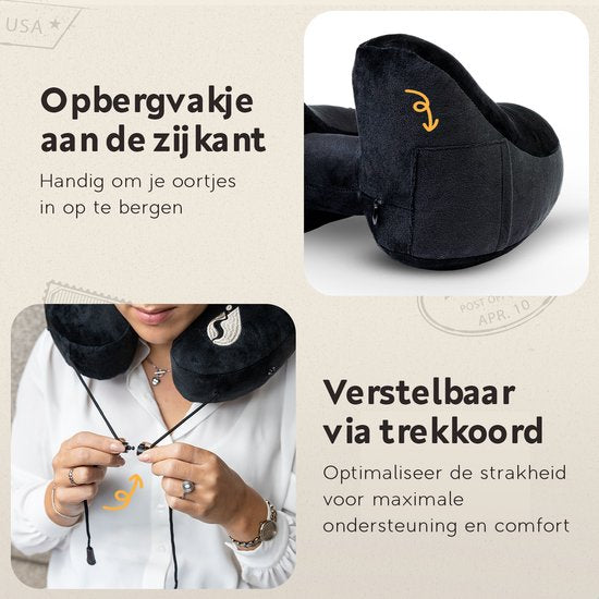 TRAVARA Oreiller gonflable pour la nuque - The Airsnoozer - Oreiller de voyage - Pour l'avion et la voiture - Avec bouchons d'oreilles - Oreiller pour la nuque - Noir