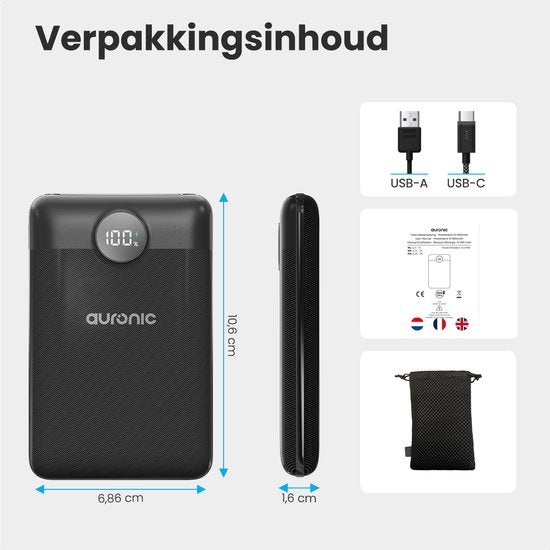Auronic Powerbank - Chargeur rapide iPhone et Samsung - 10 000 mAh - 22,5W - 2 ports de charge - Chargement rapide via USB-A et USB-C - Noir