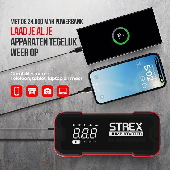 Strex 12V Jumpstarter for Car with Compressor - 4000A / 24,000 mAh - 5-in-1 Starting Aid with Compressor, Powerbank, LED Flashlight and SOS Emergency Light - Incl. Hardcover