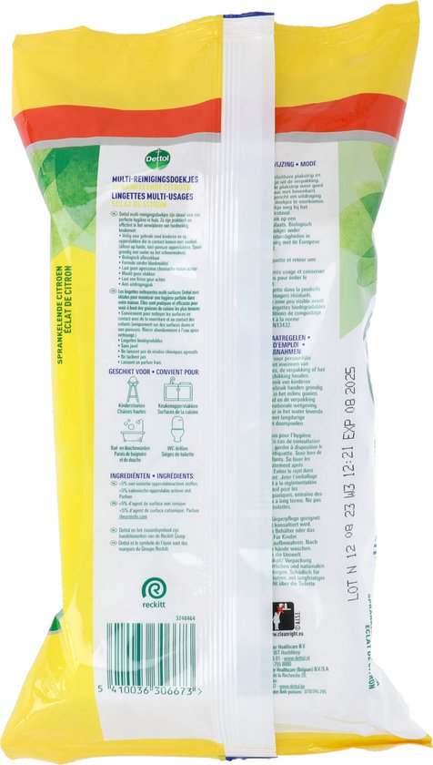 Lingettes nettoyantes multi-usages Dettol Maxi, parfum citron, 110 pièces