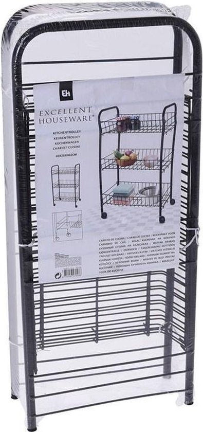 Zwarte keuken trolley met manden op wielen 39 x 23 x 64 cm