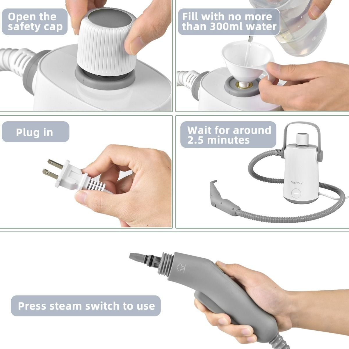 Nettoyeur vapeur portatif Coast - 1000W - 300ml - 10 accessoires inclus - Gris/Blanc