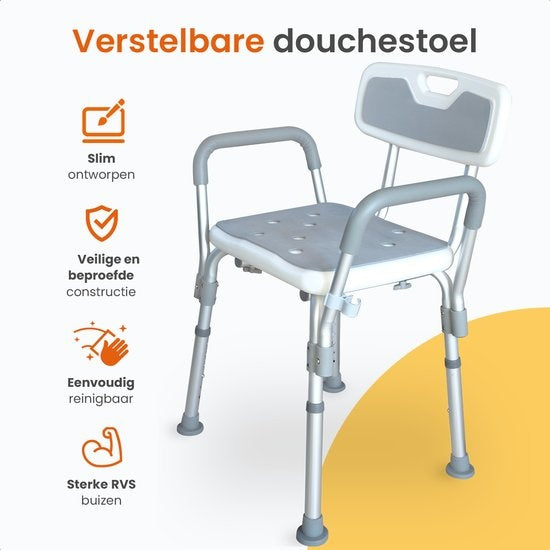 Chaise de douche réglable Goliving - Accoudoirs et dossier amovibles - Tabouret de douche avec support de pommeau de douche - Antidérapant - 3,2 kg - Hauteur 70-84 cm - Blanc