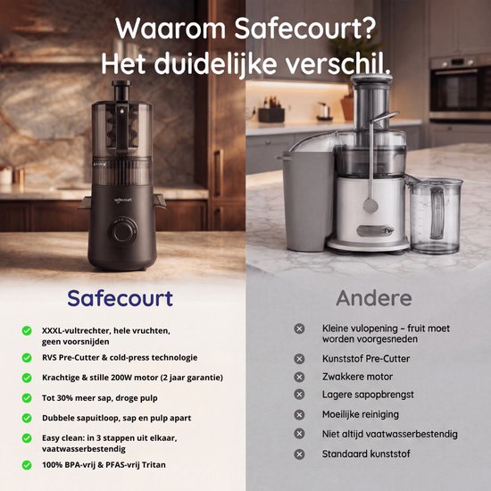 Safecourt Kitchen Slow Juicer XXL - moteur puissant [Technologie de pré-coupe et de pression à froid] - nettoyage facile - sans BPA - presse-agrumes Noir