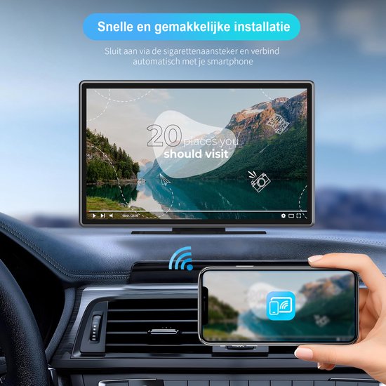 Écran Strolox CarPlay 9 pouces - Compatible avec Apple CarPlay et Android Auto - Sans fil - Système de navigation - Autoradio universel Bluetooth - Connexion USB-C - 2 supports de fixation - 2024