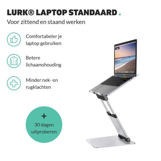 LURK® Laptop Stand Ergonomic - Laptop Raiser en aluminium - Travailler debout - Ajustable et pliable - Silver