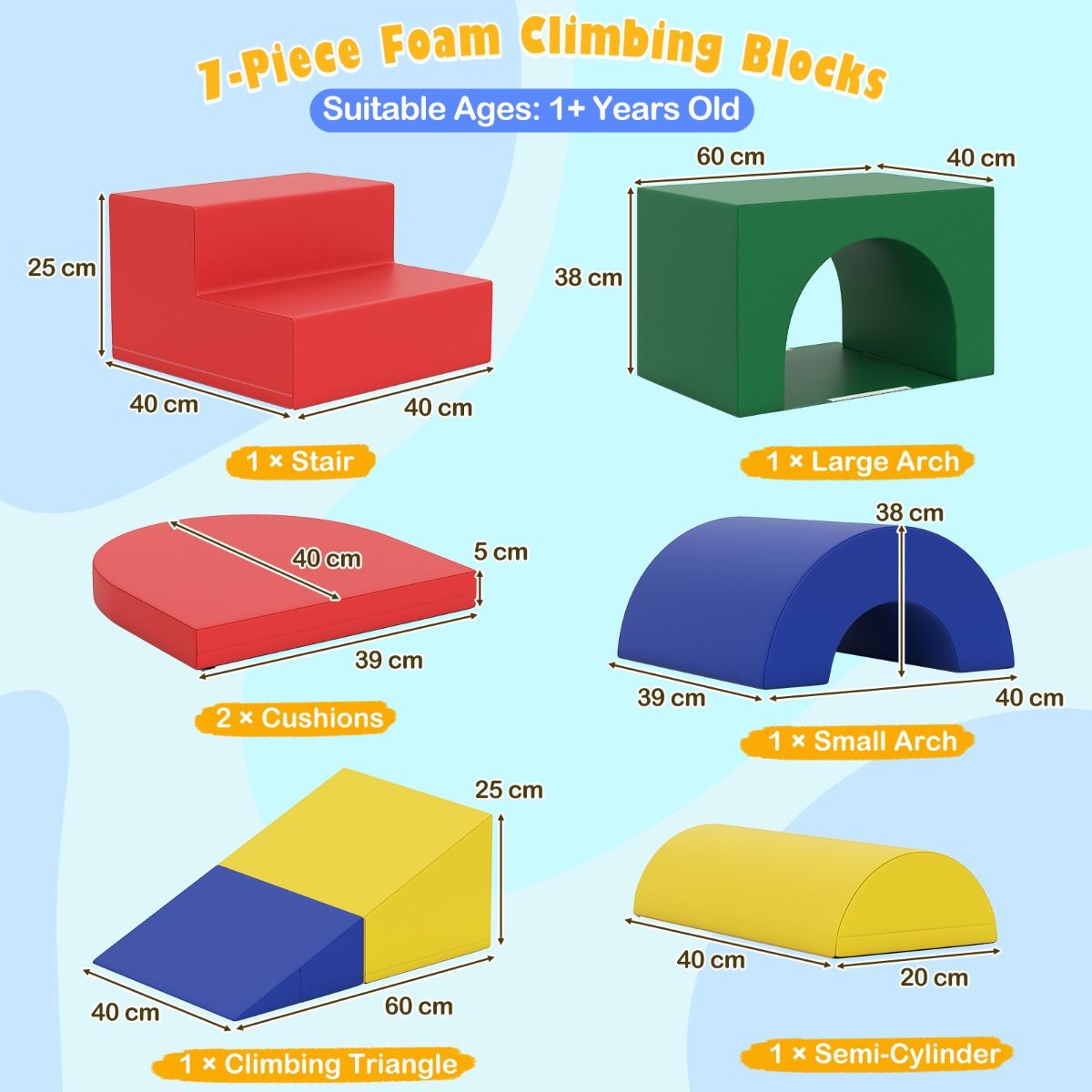 Coast 7-piece soft climbing block set for toddlers - colourful PU leather play gym with foam, 40×40×25 cm and 60×40×38 cm