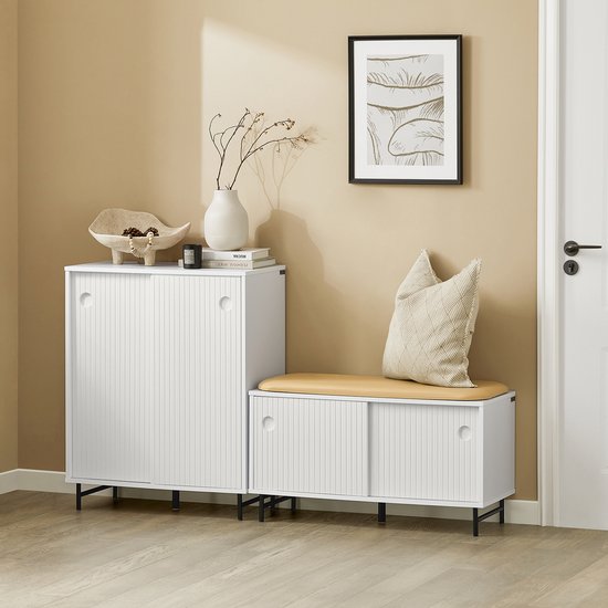 SoBuy FSR116-W Shoe Bench - Banc de rangement blanc avec coussin de siège et portes coulissantes