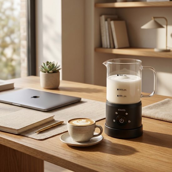 Mousseur à lait en verre Kitchify - Mousseur à lait électrique - Avec bec verseur - 4 en 1 - Milk Frother - Noir
