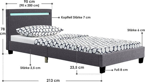 Lit rembourré Verona - 90 x 200 cm - Gris - Eclairage LED