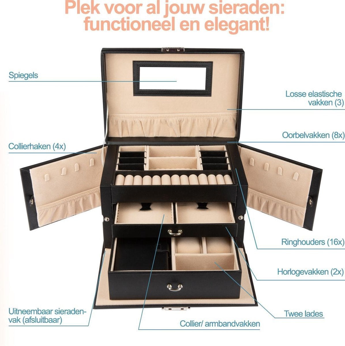 LifeGoods Boîte à bijoux XL - Boîte à bijoux - 20 compartiments - Noir/Beige