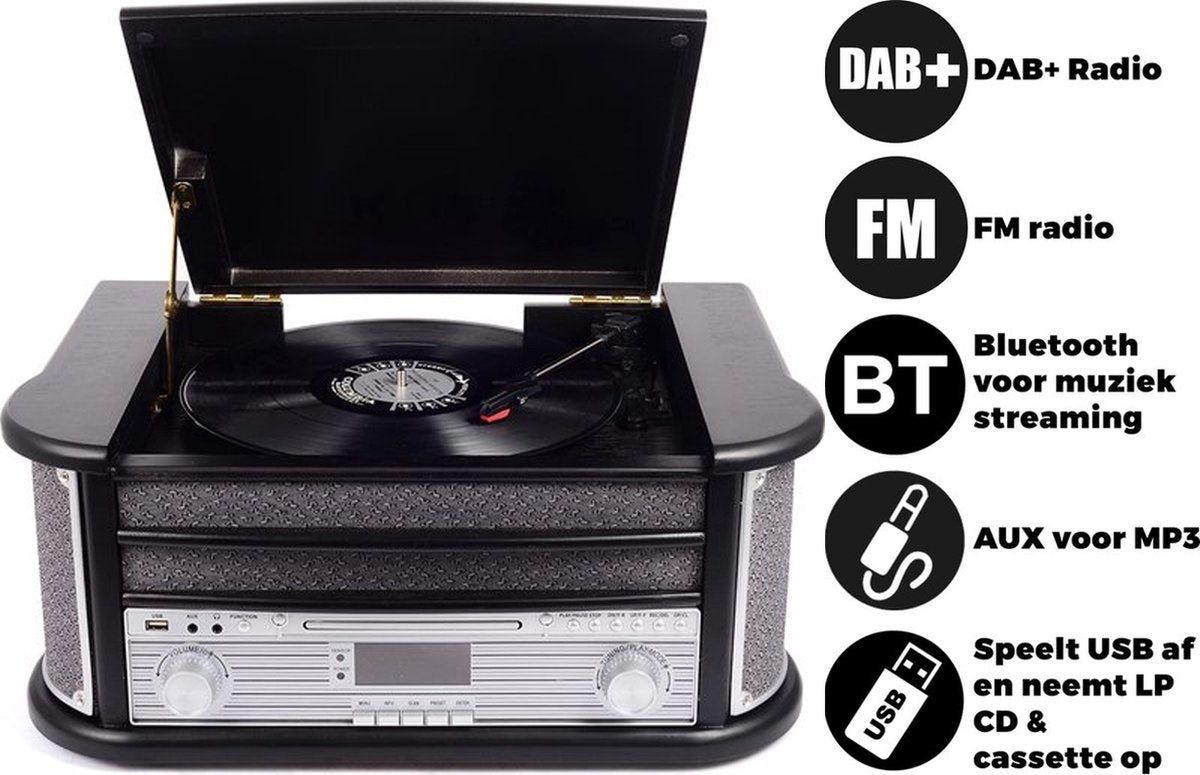 Lecteur de disque rétro - Denver - Haut-parleurs et amplificateur intégrés - Radio DAB - Radio CD Player - MRD51 - Bois