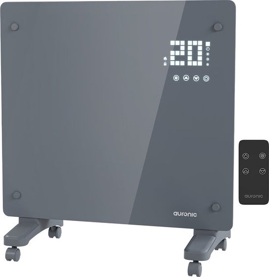 Radiateur électrique Auronic - Radiateur à convection avec thermostat et télécommande - Radiateur à panneau en verre - Radiateur 1000 W - Gris