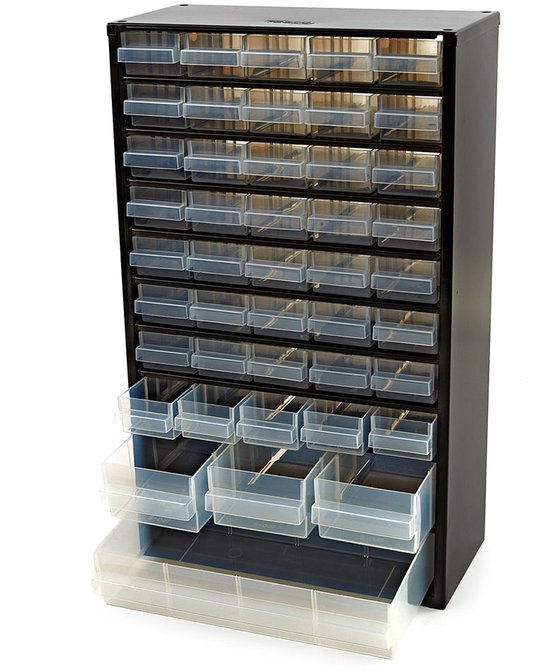 Commode Raaco à 44 tiroirs - Meuble de rangement métallique - Système de rangement pour vis, boulons, etc. - Peut être fixé au mur - 10 séparateurs inclus - 150 x 510 x 303 mm