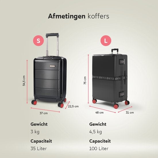 ONYX 2-Piece Suitcase Set - Bagage à main avec poche frontale et valise d'enregistrement - 35L/100 L - Serrure TSA - Trolley léger - Fermeture en aluminium - Noir