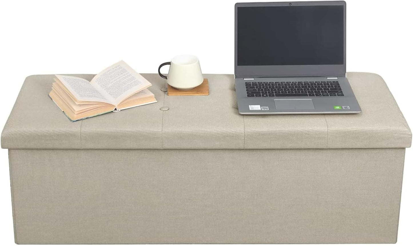 Banc de rangement pliable Woltu avec espace de rangement - 118 litres - 110 x 37,5 x 38 cm - Lin blanc crème - Capacité de charge maximale : 300 kg