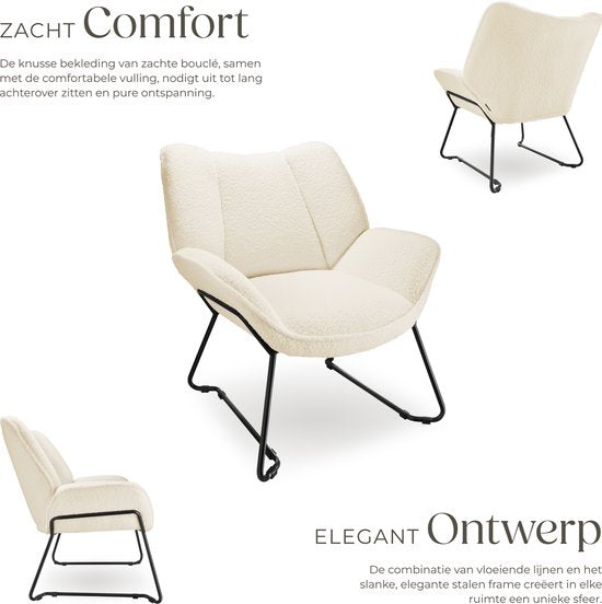 tectake® Chaise longue - Fauteuil relax rond - Fauteuil Teddy - Chaise tapissée - Revêtement bouclé - Fauteuil de lecture en peluche - Style scandinave - blanc crème