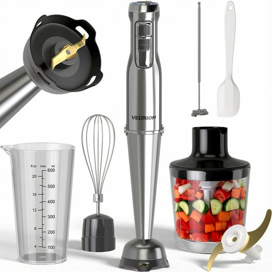 Ensemble mixeur plongeant PRO 6-en-1 - 1 100 W - Lames en titane - Spatule offerte - Fonction turbo - Comprend un hachoir, un fouet, un mousseur à lait et un verre doseur - Sans PFAS