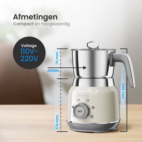 KitchenApp Retro Milk Frother carafe en acier inoxydable - Sans PFAS - Lavable au lave-vaisselle - Beige