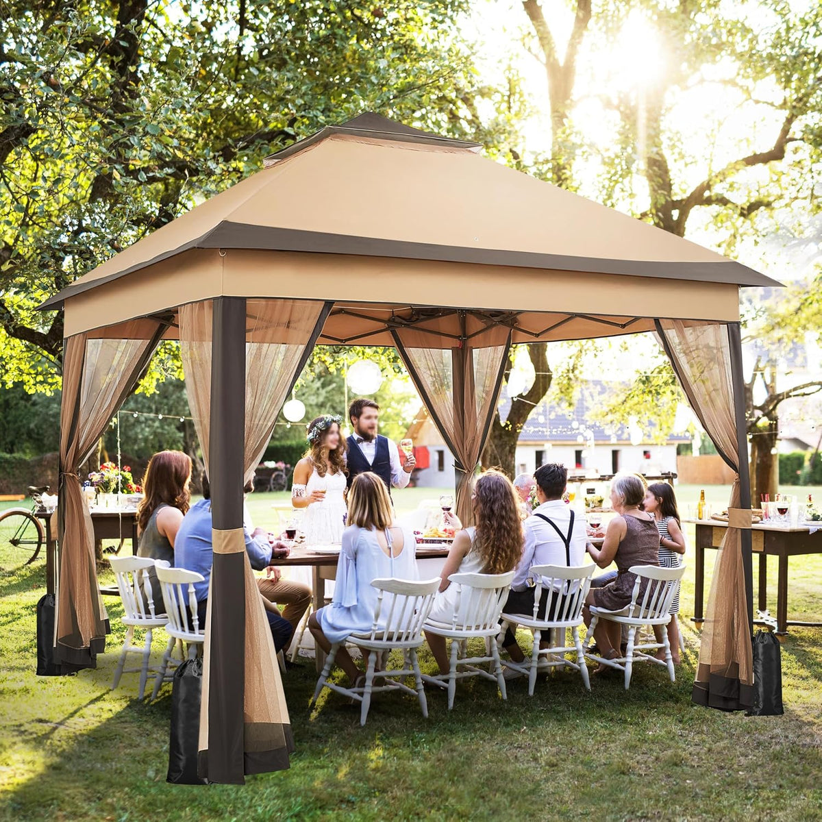 Pavillon pop-up Yaheetech 3,3 × 3,3 m avec 4 parois latérales en filet et sac de transport, couleur kaki/marron