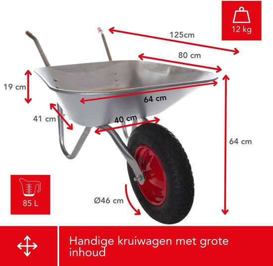 Brouette Toolland, 85 litres, kit, idéal pour le transport de matériaux divers, robuste et antirouille, montage facile, acier galvanisé, roue pneumatique, 12 kg