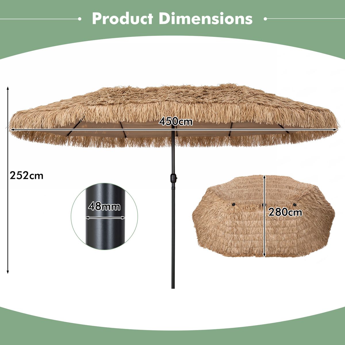 Parasol double en paille Coast - style hawaïen tropical - sans lampe, sans pied de parasol - 450 x 270 cm - couleur naturelle