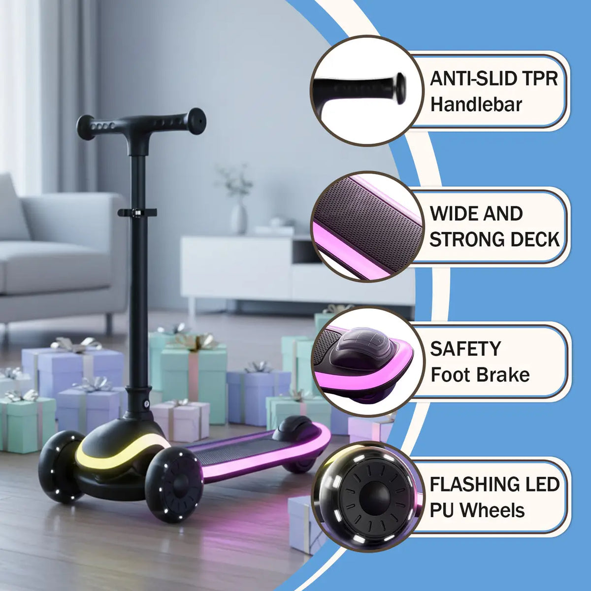 Trottinette pour enfants Neuleb YFQ à 3 roues avec roues à LED - Pliable - Noire