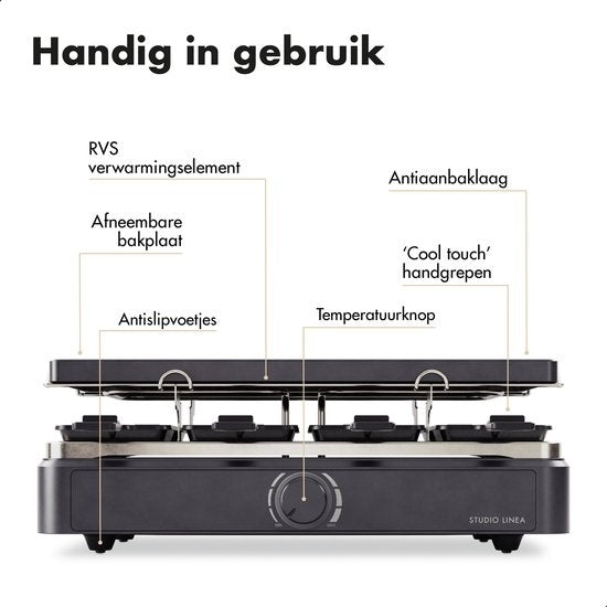 Studio Linea SLGRILL30BK Set Gourmet - 8 personnes - 1400 W - Poêles et plaque Gourmet avec revêtement antiadhésif - Raclette